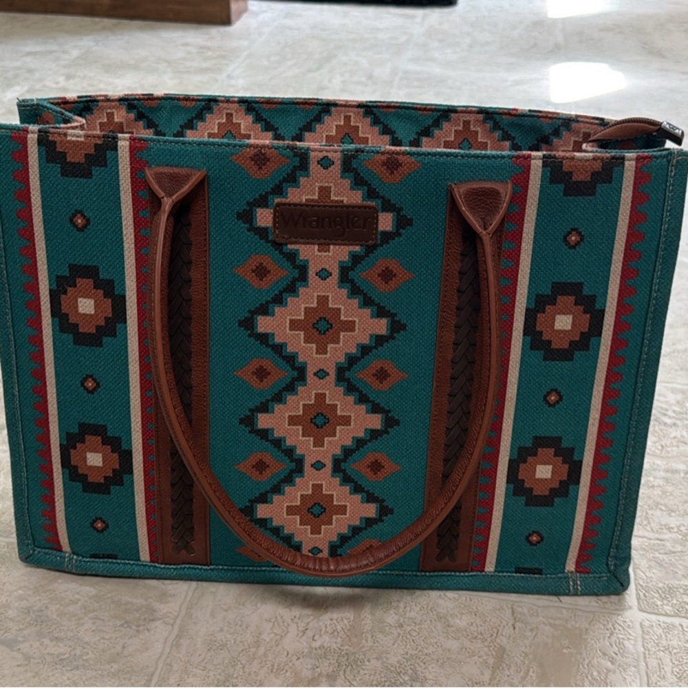 Wrangler Geometric Teal and Brown Tote